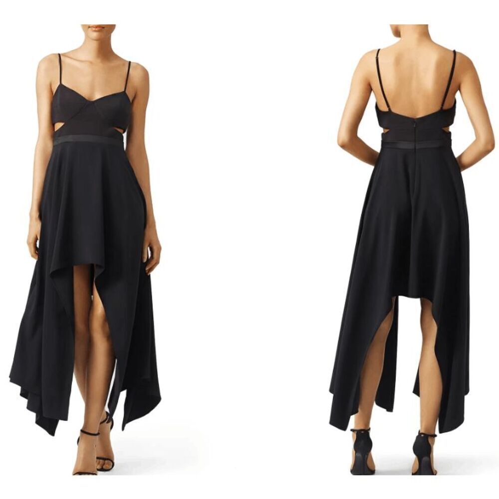 Halston Heritage Black Cut Out Cocktail Dress Sexy Asymmetric Hem Size 6